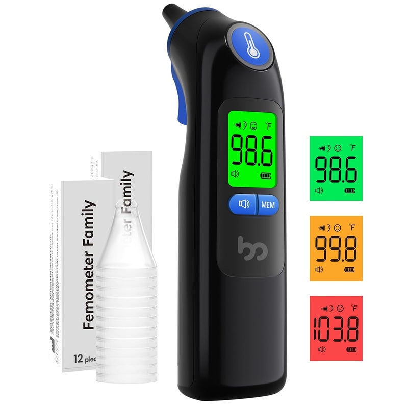 Femometer Ear Thermometer, Highly Accurate Ear Thermometer for Kids, Adults and Babies, 30 Memory Recall, 1s Result and 3-Color Fever Alert, with 24 Disposable Probe Covers, Blue - Image 1